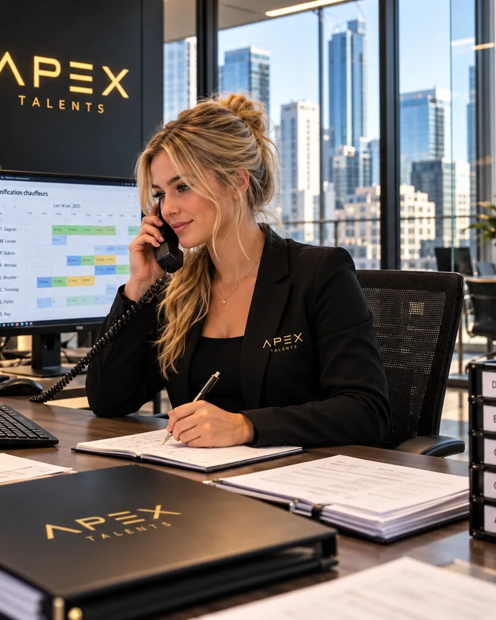 Adjointe administrative en blazer Apex Talents au téléphone à son bureau