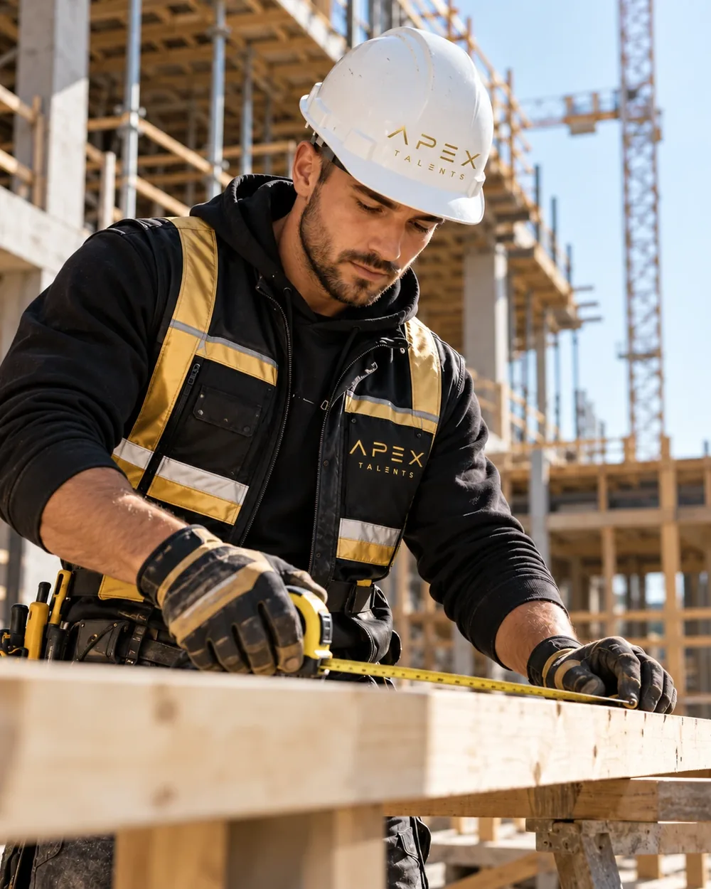 Travailleur de la construction en casque et dossard Apex Talents qui mesure une poutre sur un chantier