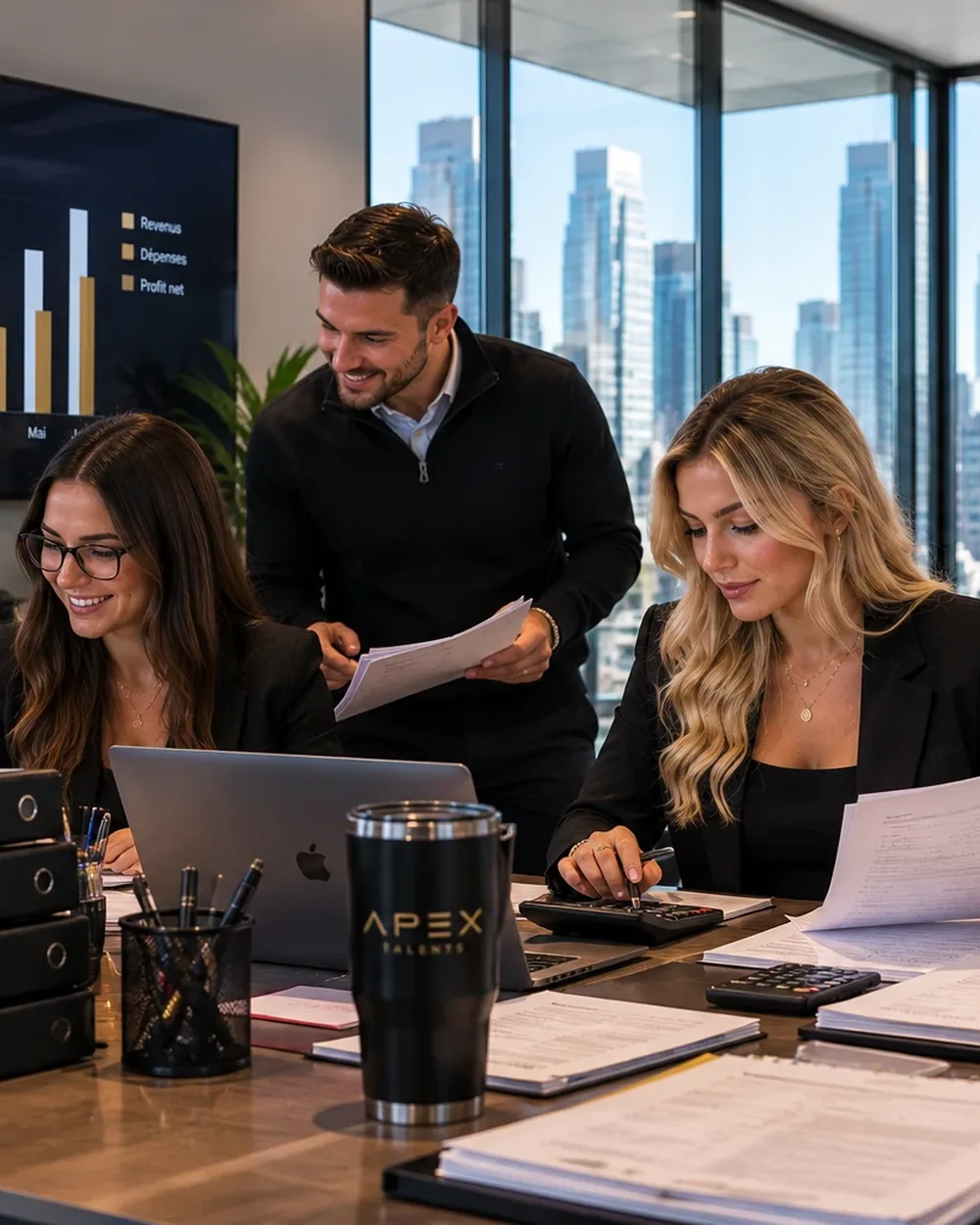 Équipe de comptabilité qui révise des dossiers financiers dans un bureau Apex Talents