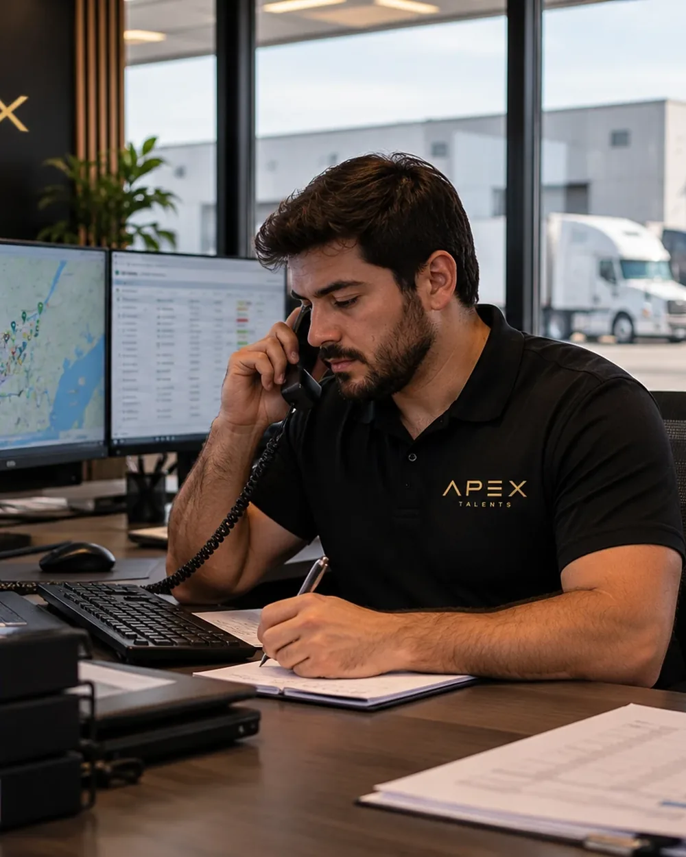 Coordonnateur logistique en polo Apex Talents au téléphone devant des écrans de suivi des livraisons
