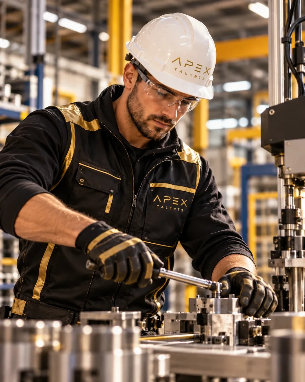 Opérateur en casque et lunettes Apex Talents qui serre un boulon sur une machine d'usine