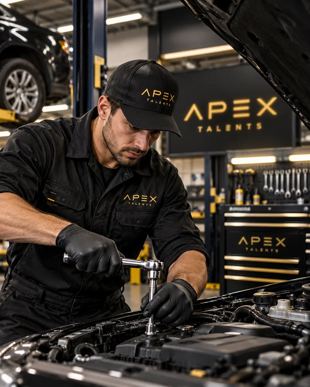 Mécanicien en casquette Apex Talents qui répare un moteur dans un atelier