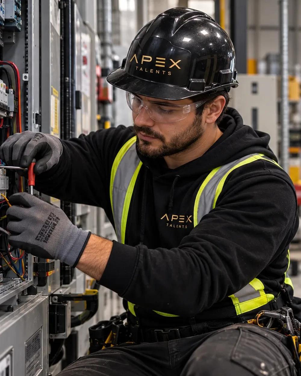 Électricien en casque noir Apex Talents qui câble un panneau électrique industriel