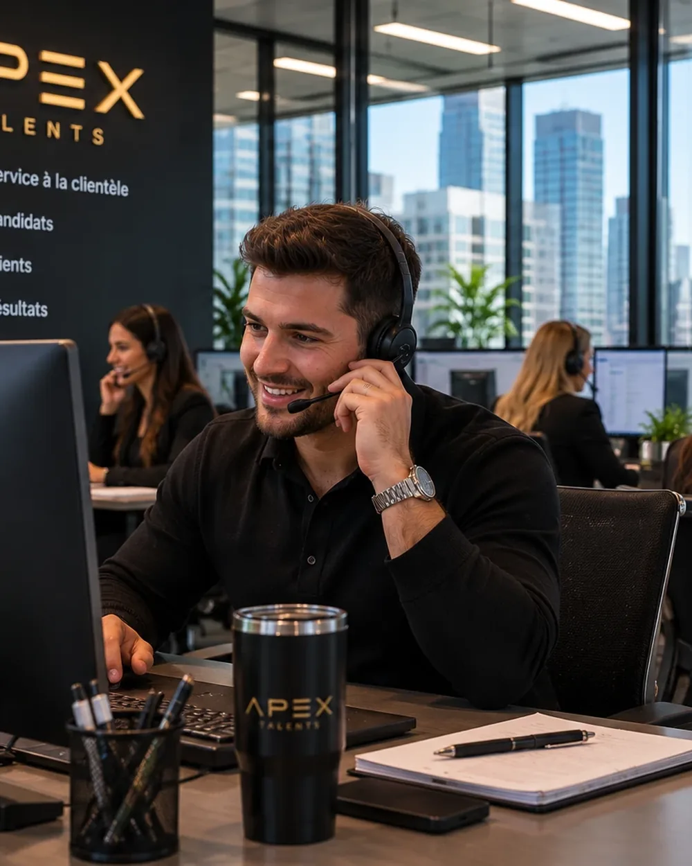 Représentant du service à la clientèle avec casque d'écoute dans un centre d'appels Apex Talents
